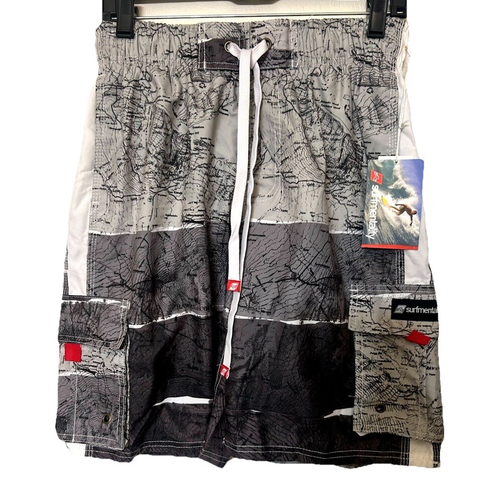 Surf Mentality Mens S Swim Trunks Gray White Abstract Drawstring Cargo Pockets